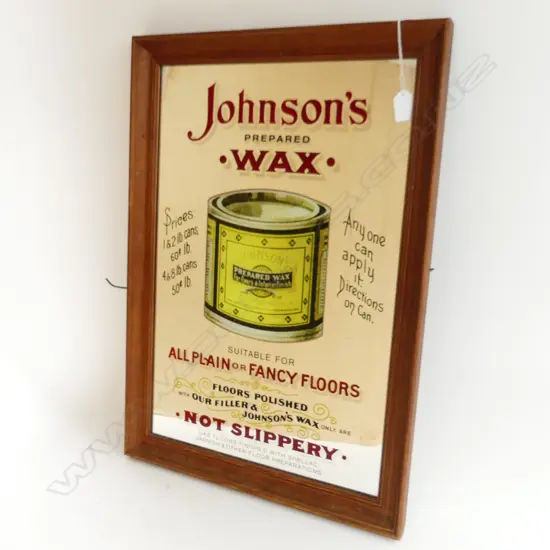 VINTAGE JOHNSONS PREPARED WAX ADVERTISING MIRROR 465 X 675mm