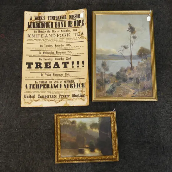 2 ANTIQUE OIL ON CANVAS LANDSCAPES 265x365mm / 640x415mm + TEMPERANCE POSTER AF 760x510mm