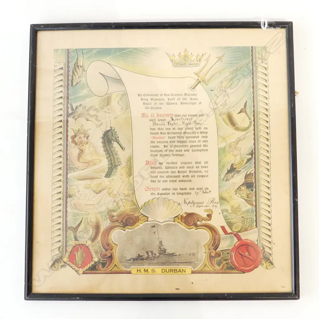 HMS DURBAN 15/09/1939 COMMEMORATIVE PARCHMENT 340x350mm Image 1++