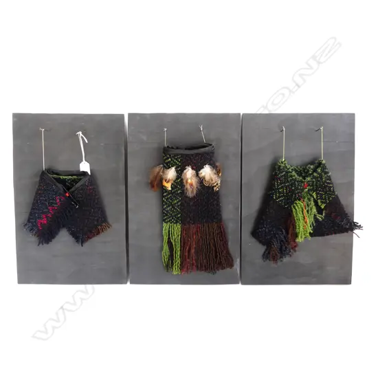 SANDRA TYLER; 3 KITTED WOOLLEN MAORI PCES; 2 CLOAKS + KETE ON BLACK PAINTED BOARD EACH 450x290mm