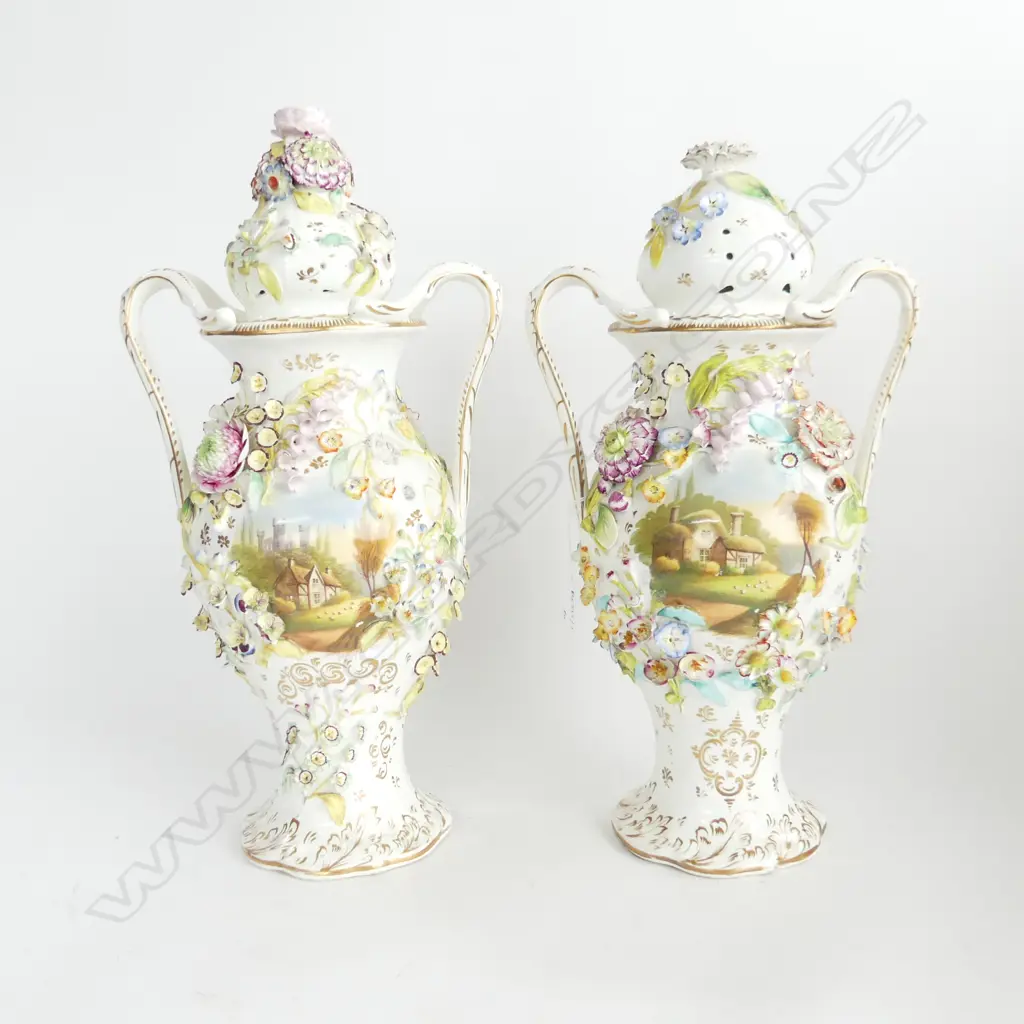 PR 19thC DOUBLED HANDLED LIDDED VASES - faults & losses H.440mm Image 1++