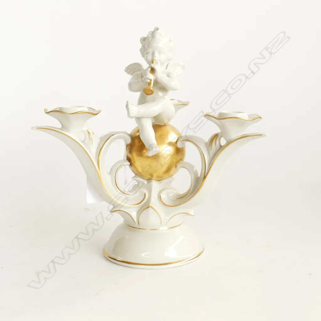 GERMAN PORCELAIN CANDELABRA OF CHERUB SITTING ON GOLDEN BALL H. 240mm Image 1++