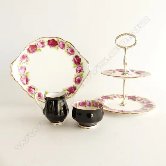 4 PCES ROYAL ALBERT OLD ENGLISH ROSES, CAKE PLATE 235mm dia, 2 TIER STAND H.240mm, BLACK MILK (REPAIRED) & SUGAR