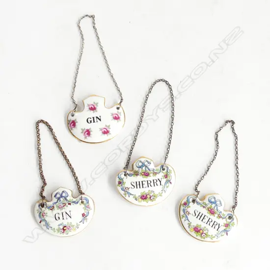 FOUR PORCELAIN DECANTER LABELS GIN & SHERRY BY CROWN STAFFORDSHIRE ETC