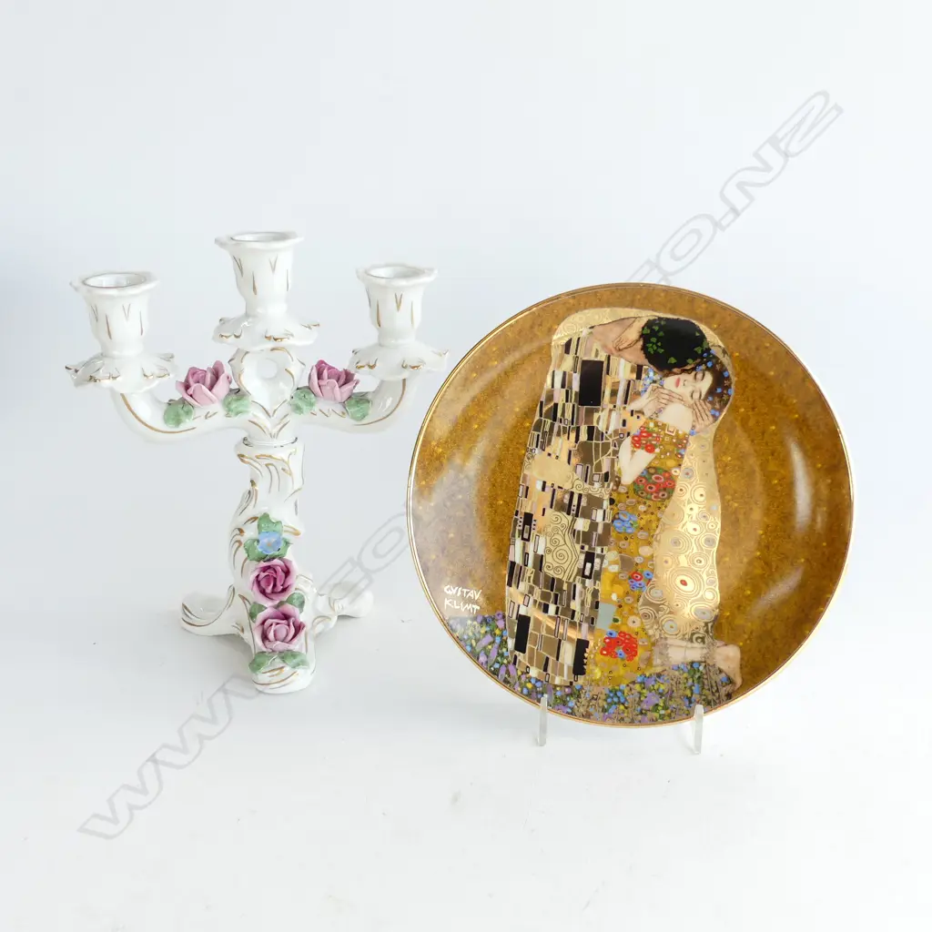 GERMAN CANDELABRA H.220mm + GOEBEL GUSTAV KLIMT 'THE KISS' PLATE 205mm dia Image 1++