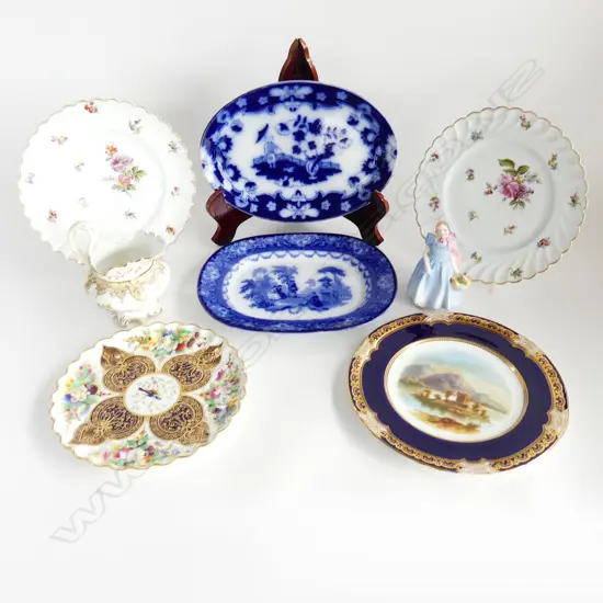 6 ANTIQUE PLATES; 2 OVAL B/W + 4 H/PAINTED 230mm dia + JUG & R. DOULTON 'WENDY' H.130mm
