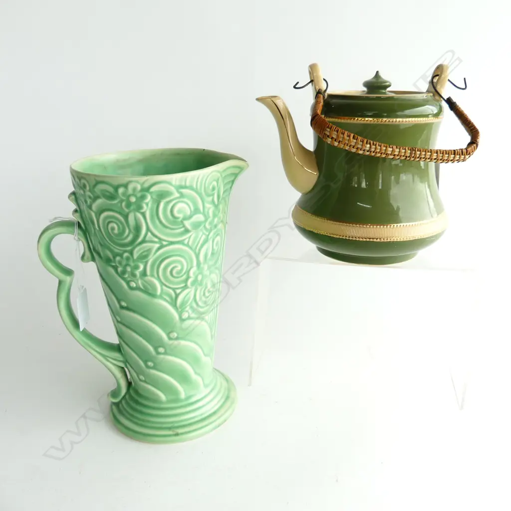 LARGE DECO POTTERY GREEN JUG BY WADE H. 230mm & STONEWARE TEAPOT BY BILTON H.150mm Image 1++