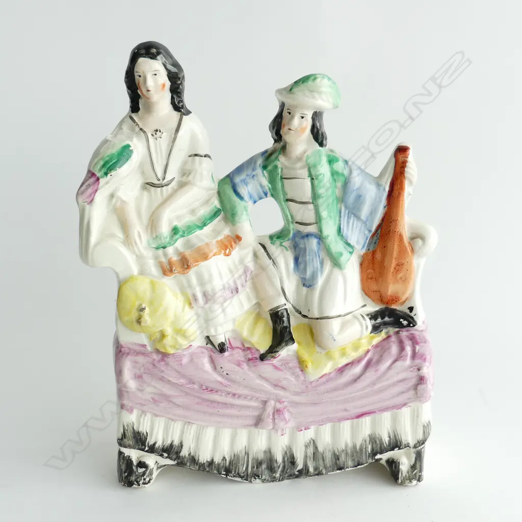 ANTIQUE STAFFORDSHIRE FLATBACK COUPLE, MAN HOLDING MANDOLIN, H. 280mm Image 1++