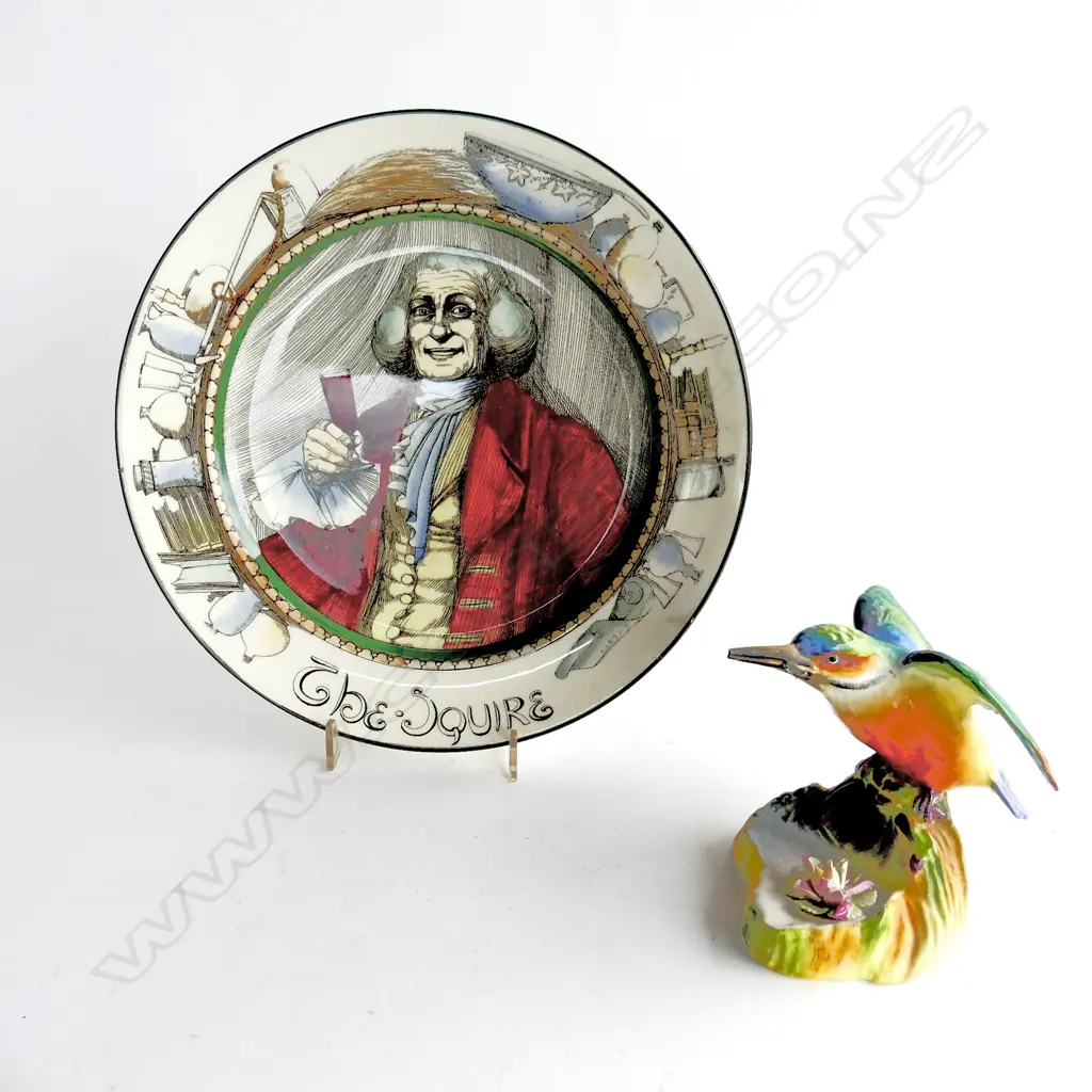 COLORFUL KINGFISHER FIGURE BY ADDERLEY UNDERGLAZE FRIT TO BEAK H. 120mm & DOULTON CABINET PLATE ' THE SQUIRE ' DIA.265mm Image 1++