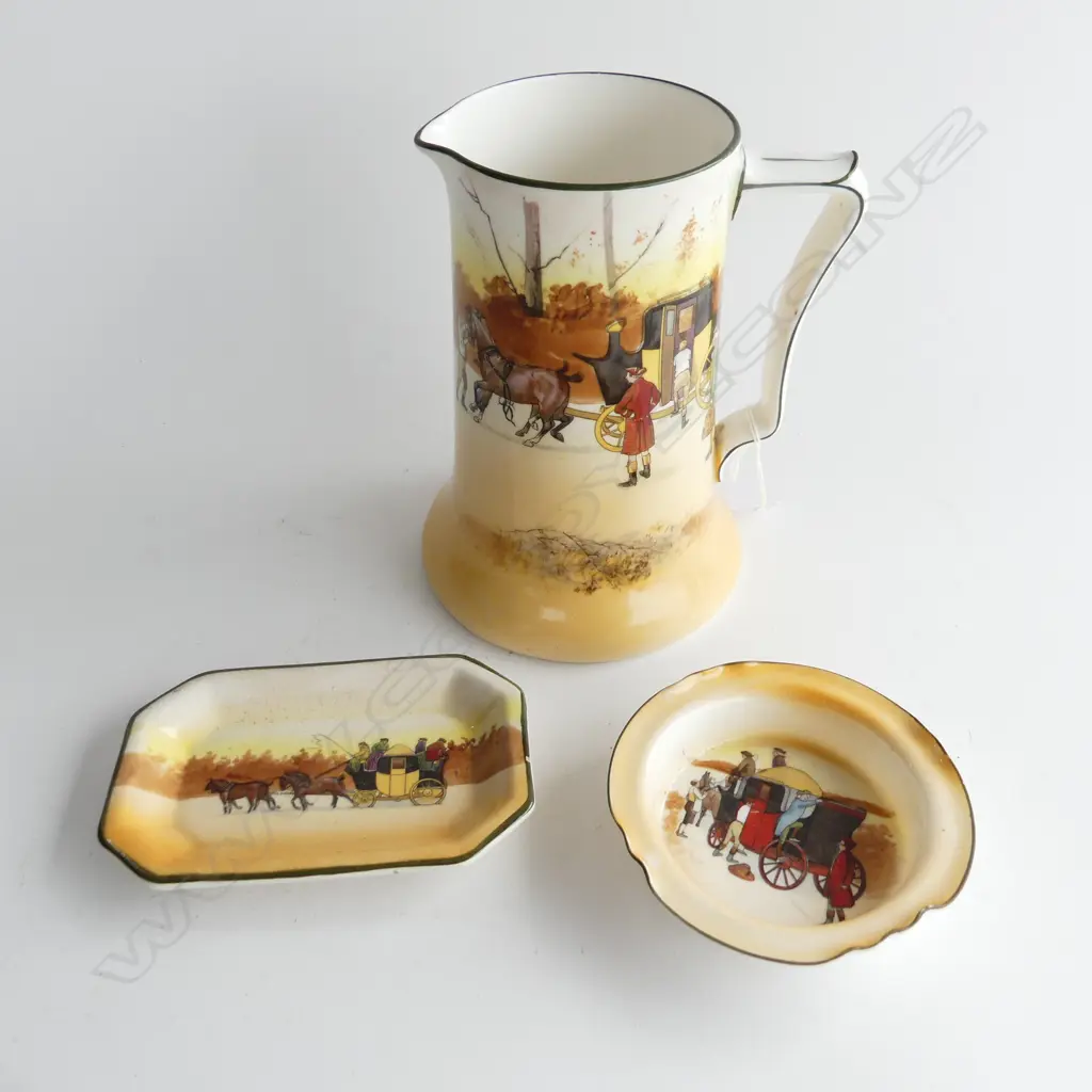 THREE ROYAL DOULTON COACHING DAYS ITEMS. TALL JUG H. 180 DISH W. 135 & ASHTRAY DIA. 110mm Image 1++
