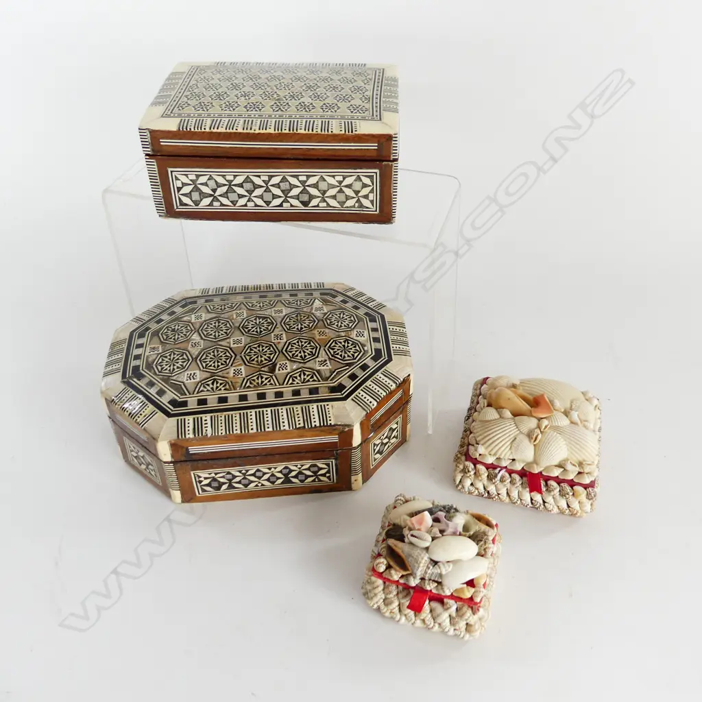 4 ASST LIDDED BOXES; 2 SMALL SHELL (60X55 & 75x75mm) + 2 MOP INLAID (175X125 &125X85mm) Image 1++