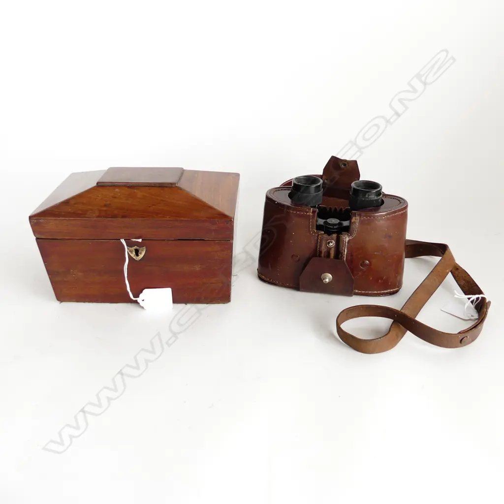 GERMAN WWII BINOCULARS & SMALL MAHOGANY SACROPHAGUS-SHAPED TEA CADDY   Image 1++