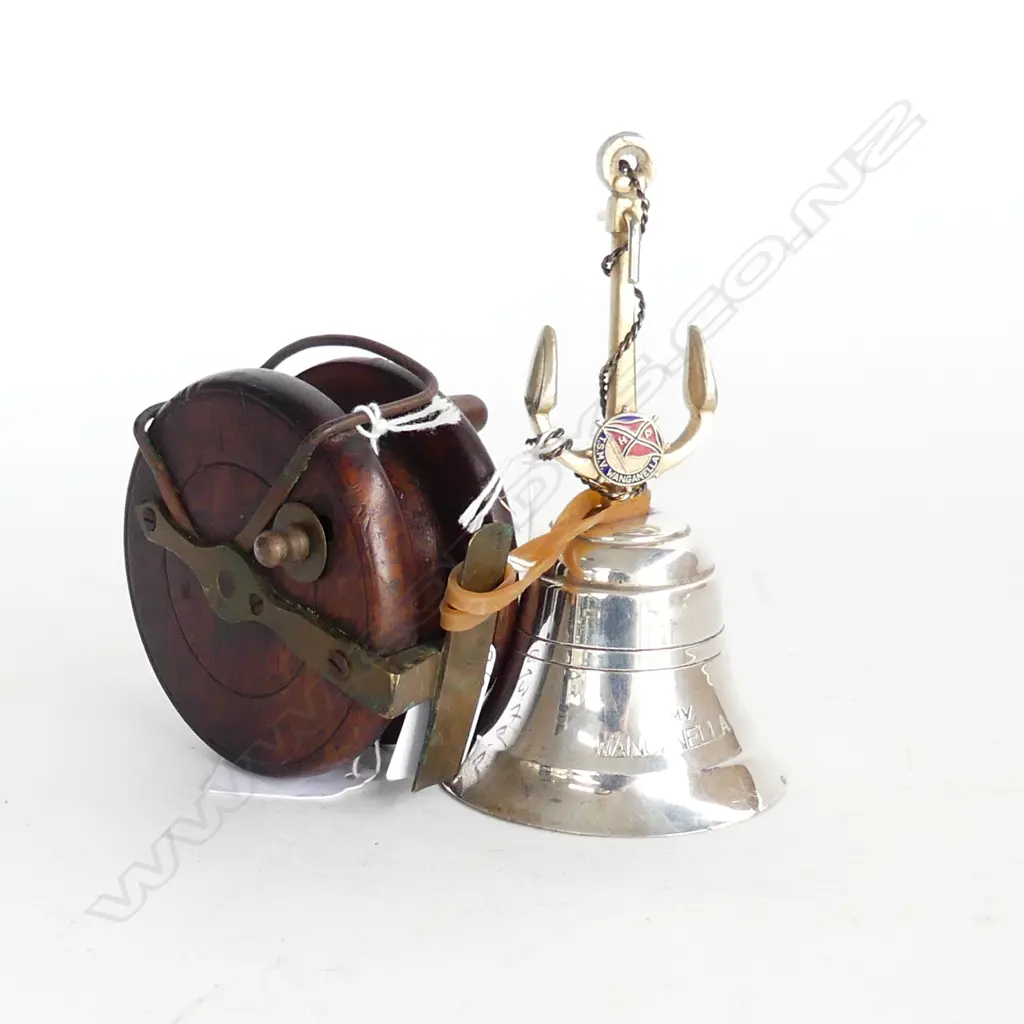 TWO ITEMS; BELL FROM THE T.G.M.V MANGANELLA & OLD WOODFEN FISHING REEL  Image 1++