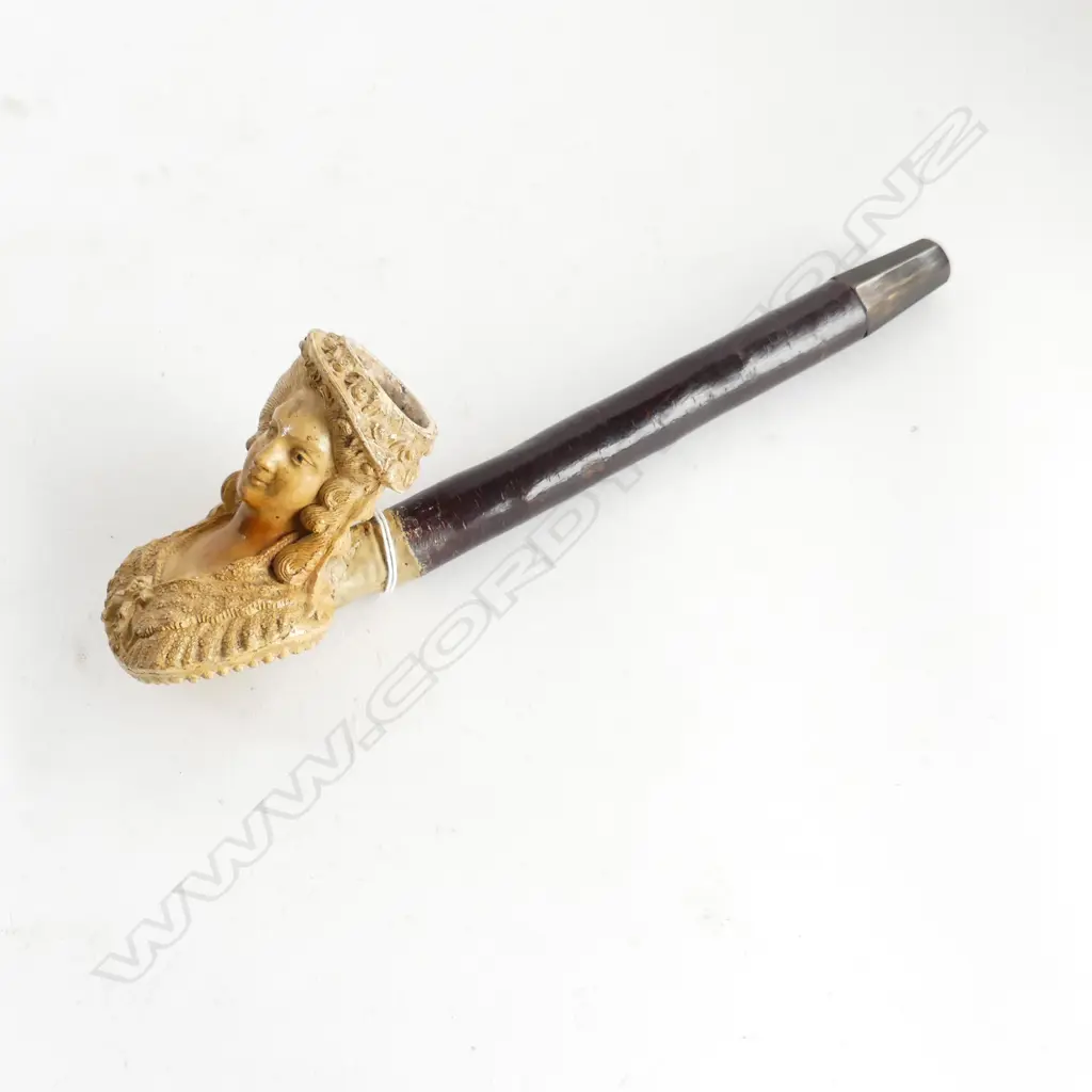 LARGE VICTORIAN ORNATELY CARVED MEERSCHAUM PIPE OF LADY (REPAIR TO STEM) L. 280mm Image 1++