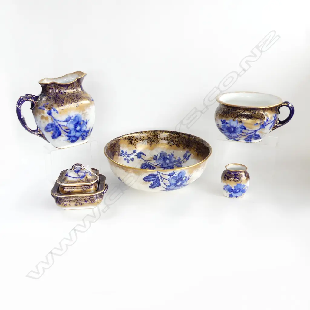 6 PCE DOULTON BURSLEM BLUE IRIS TOILET SET; WASH BOWL 390mm dia (crazing), JUG H.250mm, POTTY, 3 OTHER Image 1++