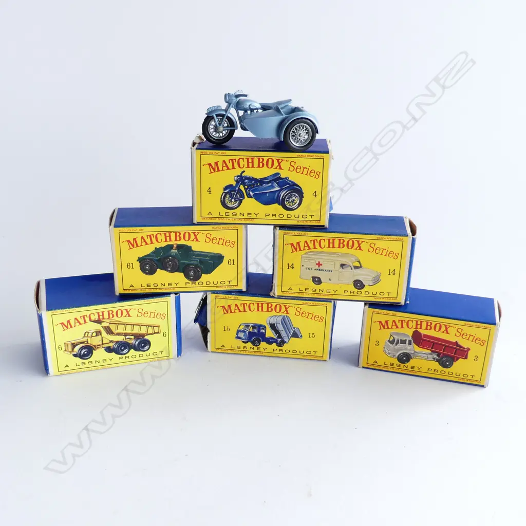 6 VINTAGE BOXED MATCHBOX SERIES; NOS. 3, 4, 6, 14, 15, 61 Image 1++
