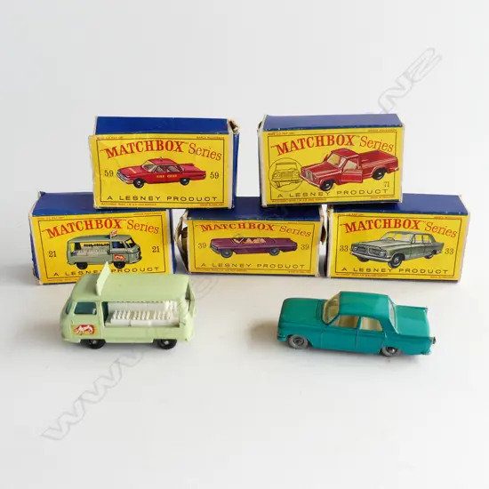 5 VINTAGE BOXED MATCHBOX SERIES; NOS.  21, 33, 39, 59, 71 (BOXES A/F)