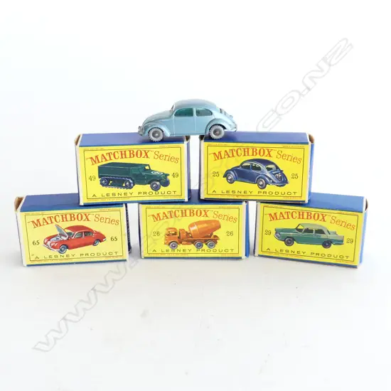5 VINTAGE BOXED MATCHBOX SERIES; NOS. 25, 26. 29, 49, 65 