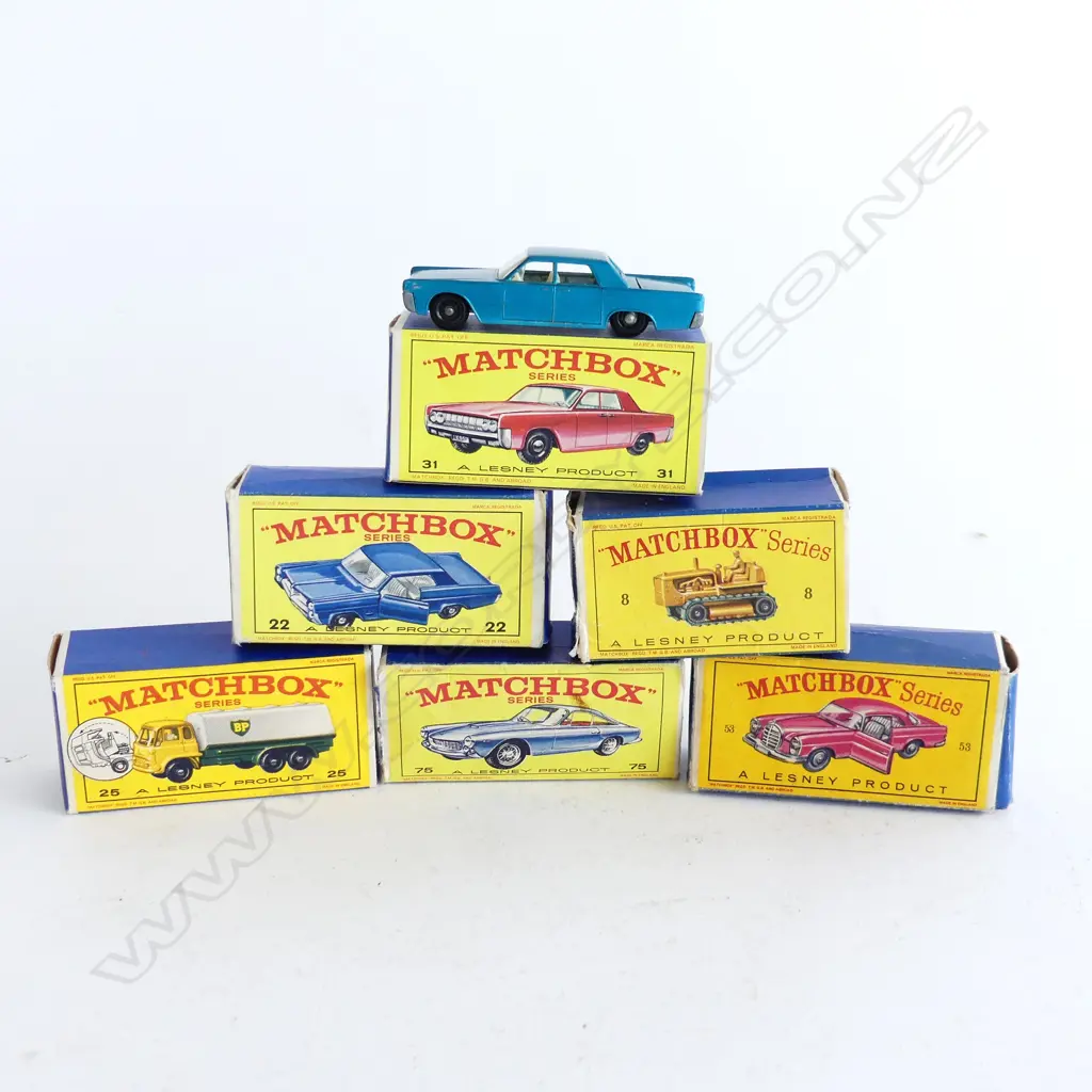 6 VINTAGE BOXED MATCHBOX SERIES; NOS. 8, 22, 25, 31, 53, 75 (2 BOXES A/F) Image 1++