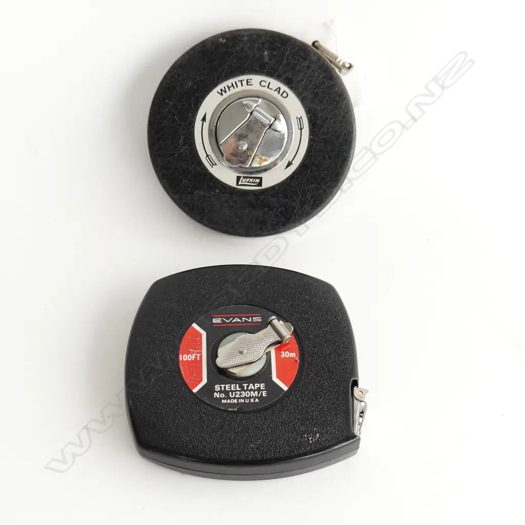 2 VINTAGE TAPE MEASURES; LUFKIN 'WHITE CLAD' & EVANS Image 1++