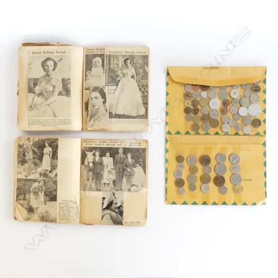 SMALL BOX WORLD COINS & 2 SCRAP BOOKS ROYAL FAMILY 