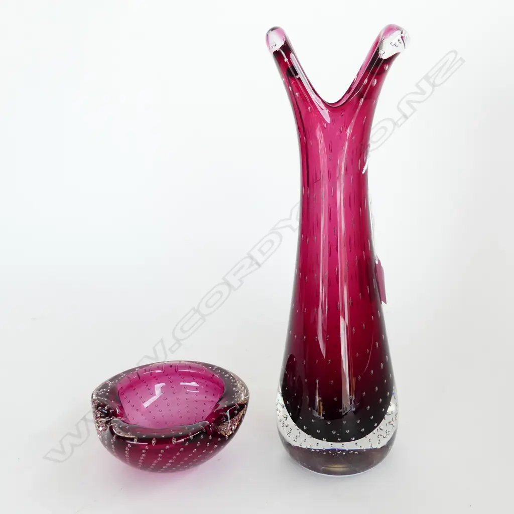 MURANO GLASS; RASPBERRY GLASS VASE (H320mm) & BOWL (DIA 125mm), BOTH WITH CONTROLLED BUBBLES Image 1++