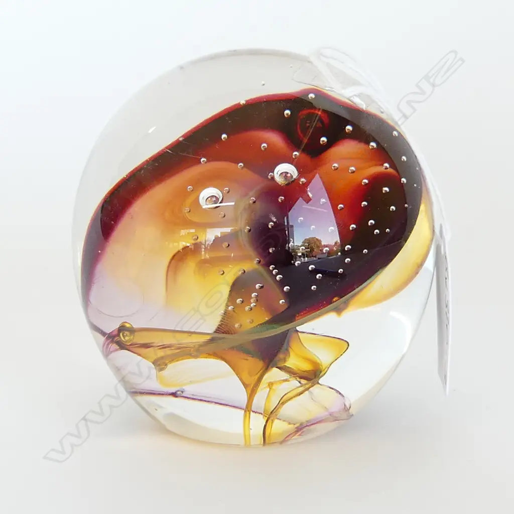 PETER ROAS GLASS PAPER WEIGHT coloured swirl w bubbles signed & dated 1992 + labelled H.90mm Image 1++