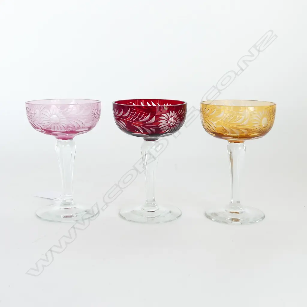 3 BOHEMIAN STEMMED CRYSTAL OVERLAY SHERRY GLASSES H115mm, 1 EA PINK, CRANBERRY & AMBER Image 1++