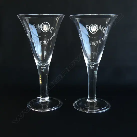 PR GEORGE V CORONATION WINE GOBLETS w. SIXPENCE 'THE KING / GOD BLESS HIM H.250mm