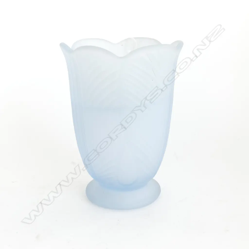 VINTAGE FROSTED BLUE GLASS VASE WITH FLOWER FROG INSERT H. 200mm Image 1++