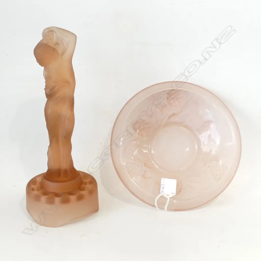 PINK FROSTED GLASS GLASS; BOWL WITH EMBOSSED PINE CONES (DIA 210mm) + ART NOUVEAU  FLOWER FROG & NAKED LADY (H. 300mm) Image 1++