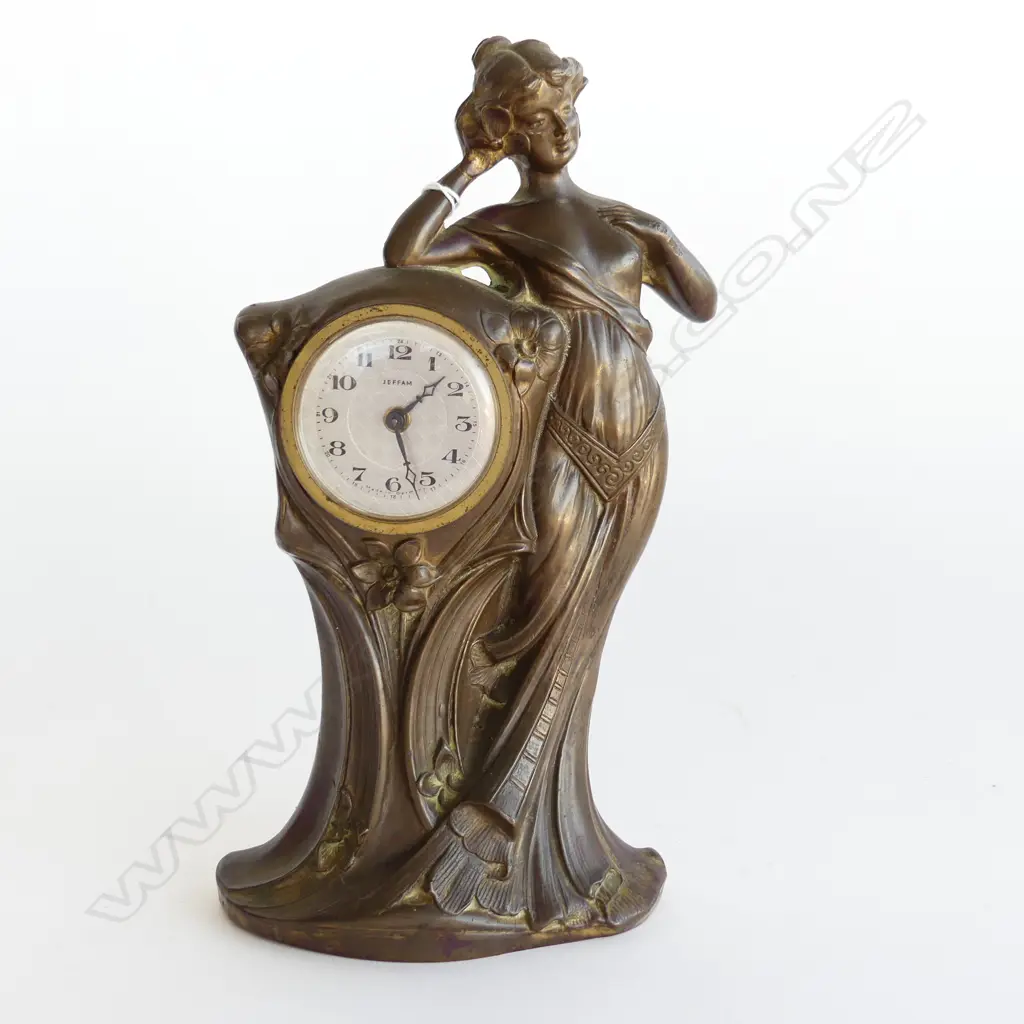 GERMAN JUGENDSTIL SPELTER CLOCK; FEMALE FIGURE H.260mm Image 1++