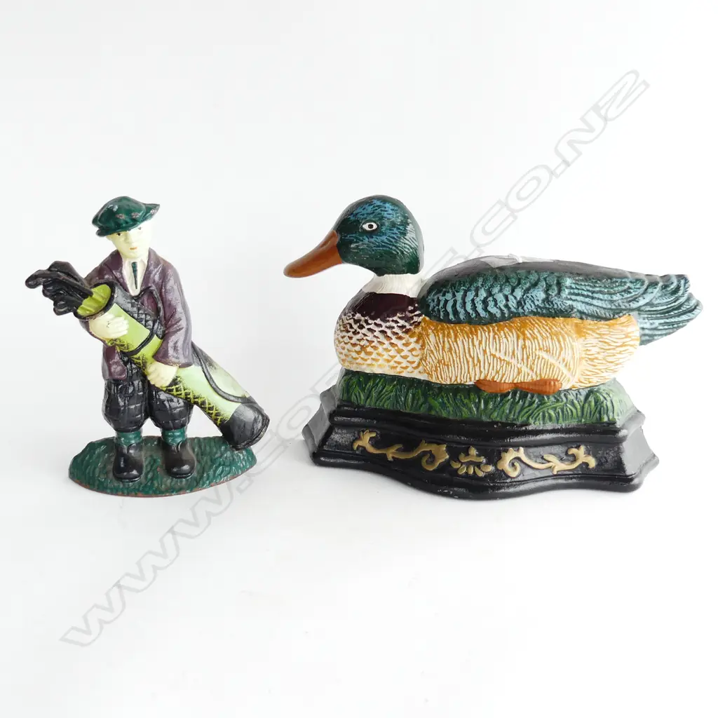 2 PAINTED CAST IRON DOOR STOPS; MALLARD DUCK W.335mm, GOLFER H.215mm Image 1++