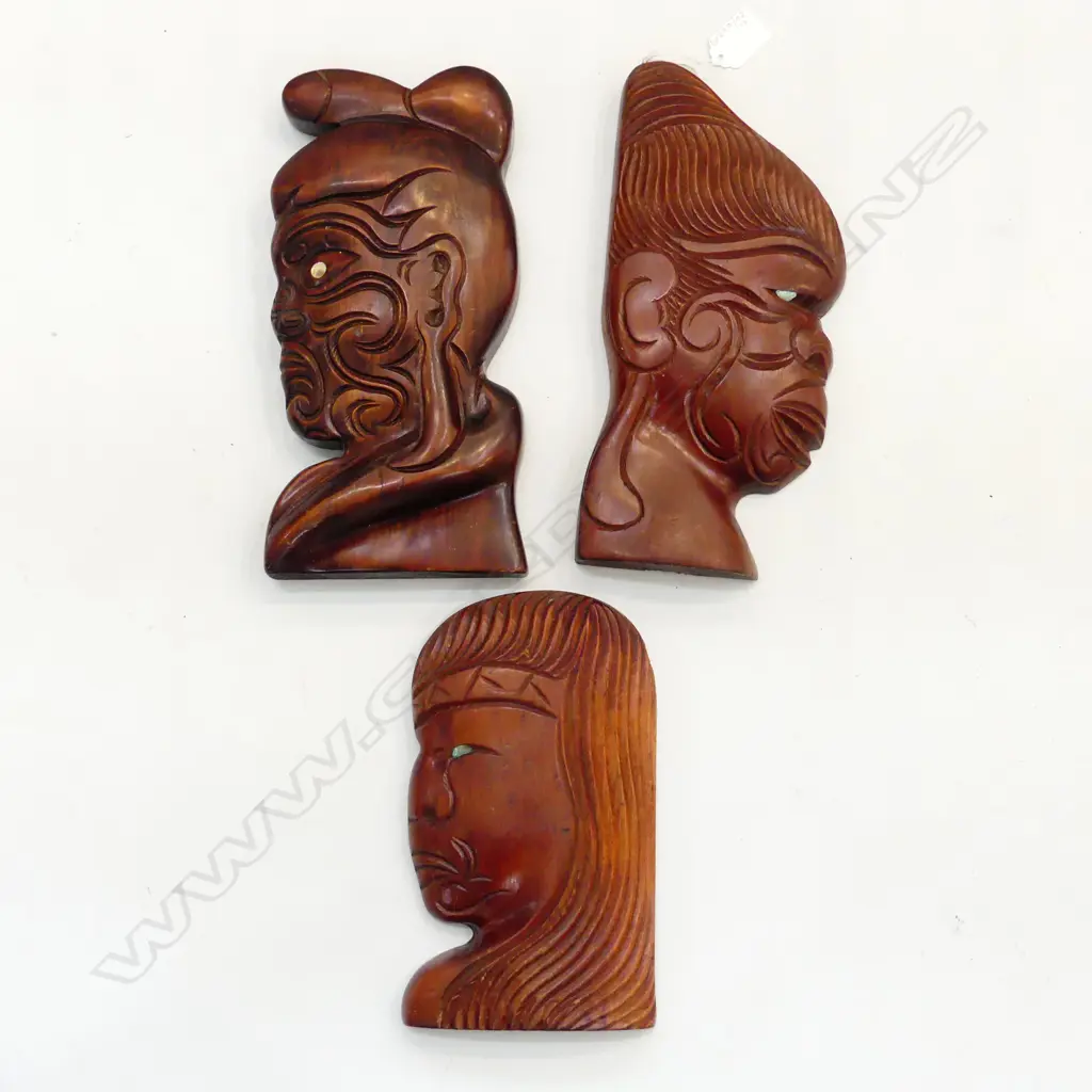 3 WOODEN MAORI WALL HEADS Image 1++