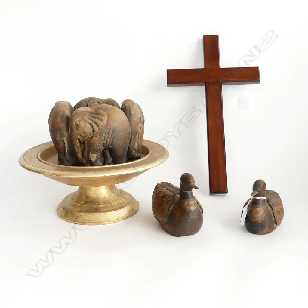 MAHOGANY CRUCIFIX H.400mm, PR WOODEN DUCKS, CERAMIC ELEPHANT CANDLE HOLDER 175mm dia GILDED WOODEN COMPORT 300mm dia Image 1++
