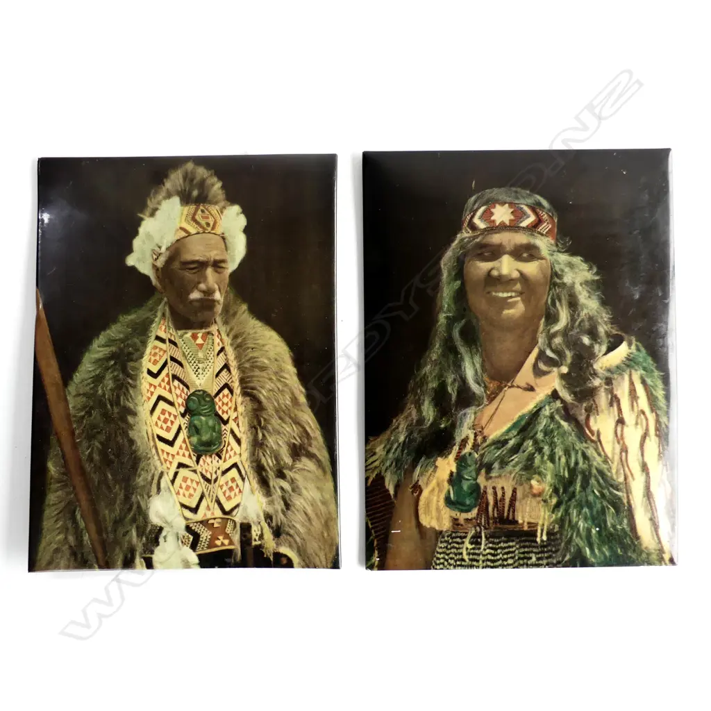TWO MAORI  PHOTOGRAPHIC PORTRAITS OVER TIN. OF GUIDE SUSAN No 207 TRADE MARK 29628. OTHER MAORI CHIEF . BOTH H. 240mm Image 1++