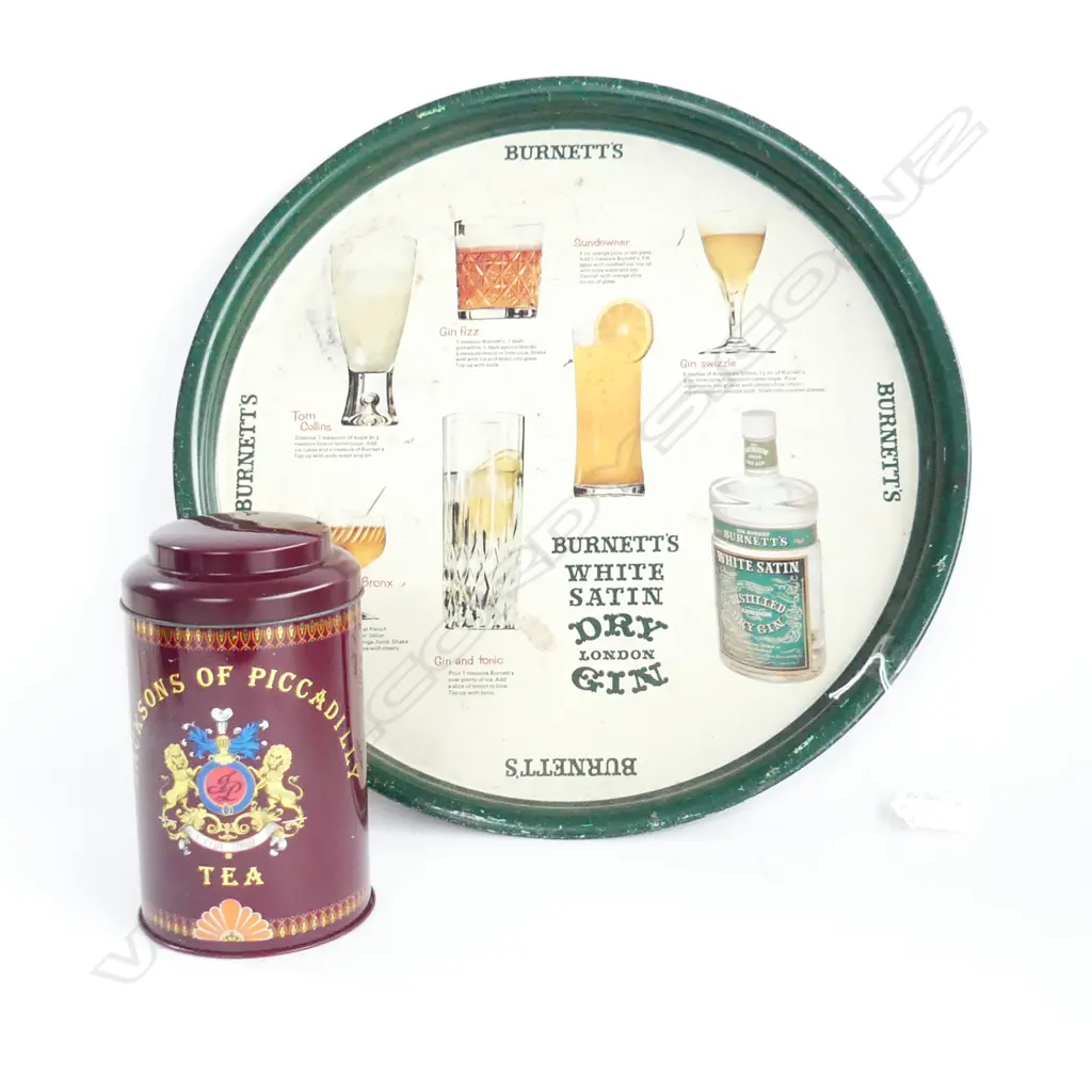BURNETTS WHITE SATIN DRY LONDON GIN BAR TRAY & NEAR MINT COND. JACKSONS OF PICCADILLY TEA TIN Image 1++