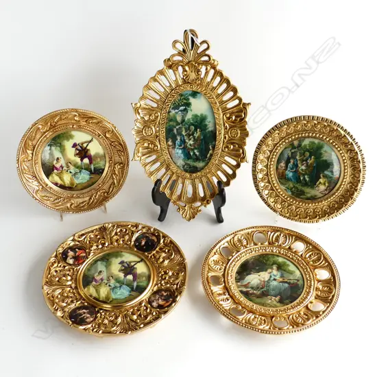 5 VINTAGE GILT METAL FRAMED WALL PLAQUES 230mm dia