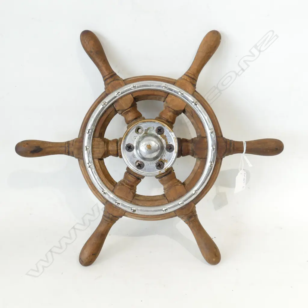 OLD WOOD & CHROME SHIPS WHEEL, DIA 400mm Image 1++