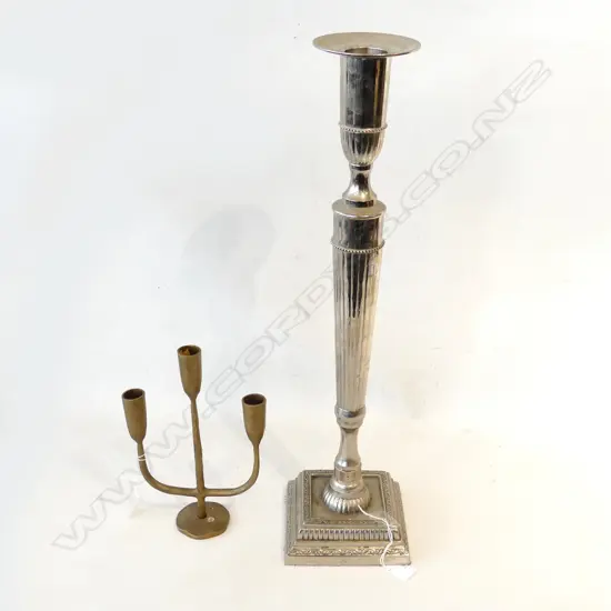 TALL, HEAVY SILVER PLATED CANDLE HOLDER (H. 620mm) + 3-ARM BRASS CANDLE HOLDER (H. 250mm)