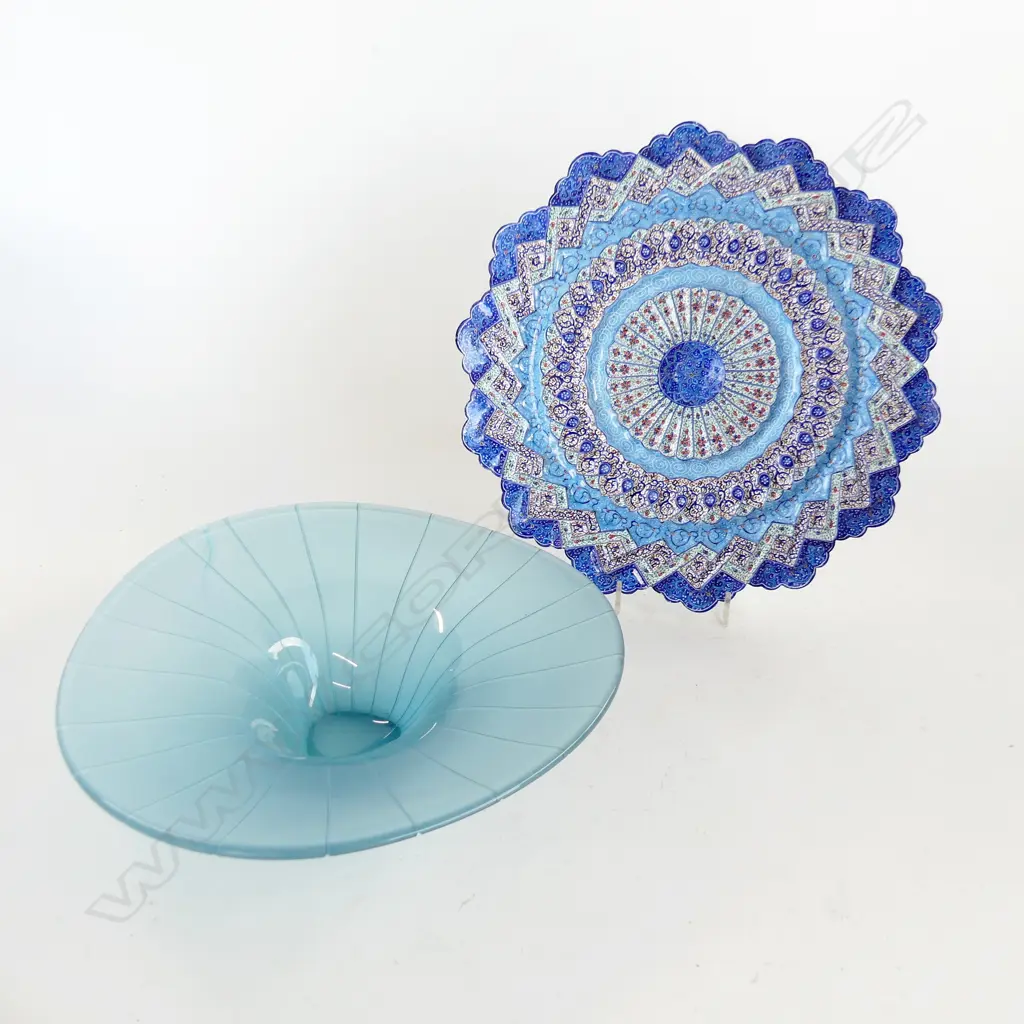 SIGNED ART GLASS BOWL 260mm dia + MIDDLE EASTERN METAL PLATE 290mm dia Image 1++