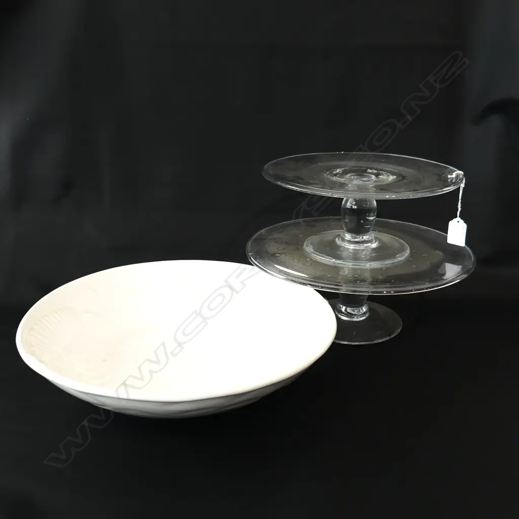 LG WHITE PORTUGUESE BOWL (DIA 355mm) + GLASS 2-TIER CAKE STAND Image 1++