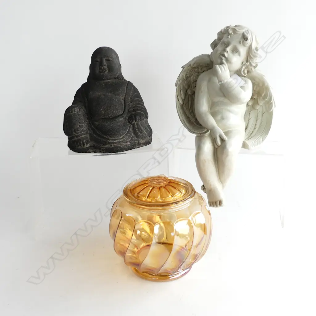 RESIN ANGEL H.300mm, STONE BUDDHA, ORANGE GLASS LIDDED CONTAINER Image 1++