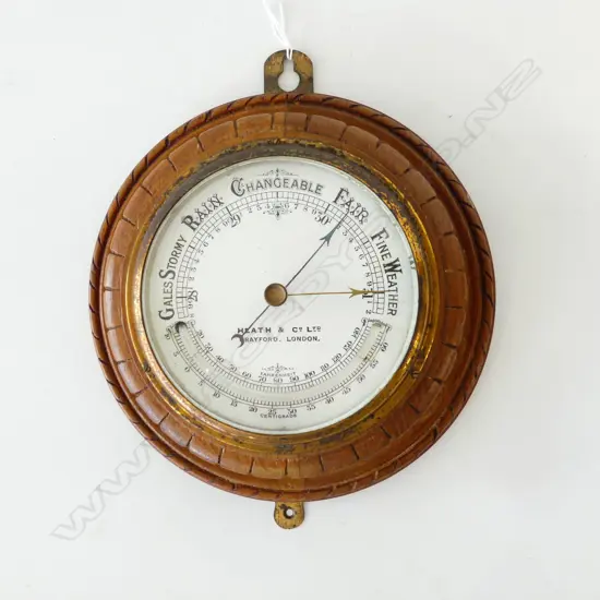 HEATH & CO, LONDON, ROUND WOODEN CASED WALL BAROMETER, DIA 200mm