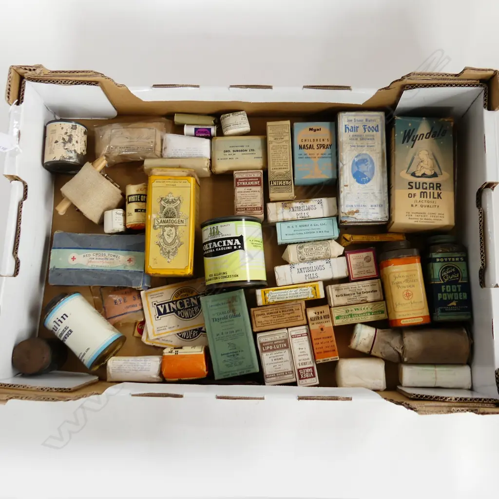 BOX OF VINTAGE MEDICAL PARAPHERNALIA – TINS, MEDICINES, PACKAGING, BANDAGES ETC Image 1++