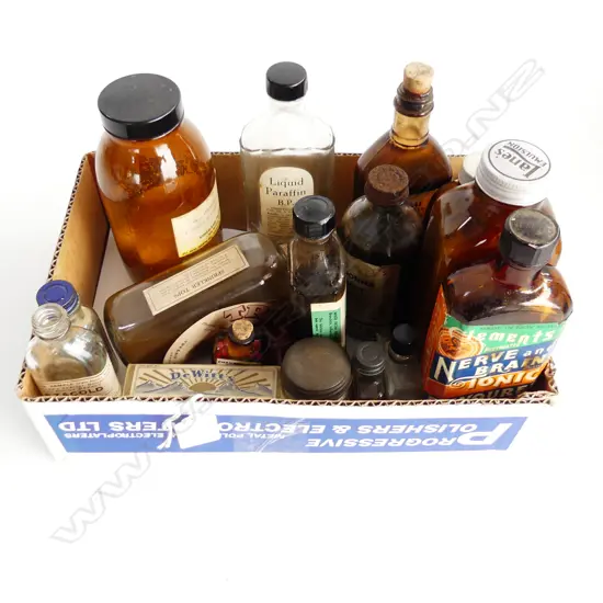 BOX OF 16 VINTAGE NZ MEDICINE BOTTLES WITH PAPER LABELS – NERVE AND BRAIN TONIC ETC