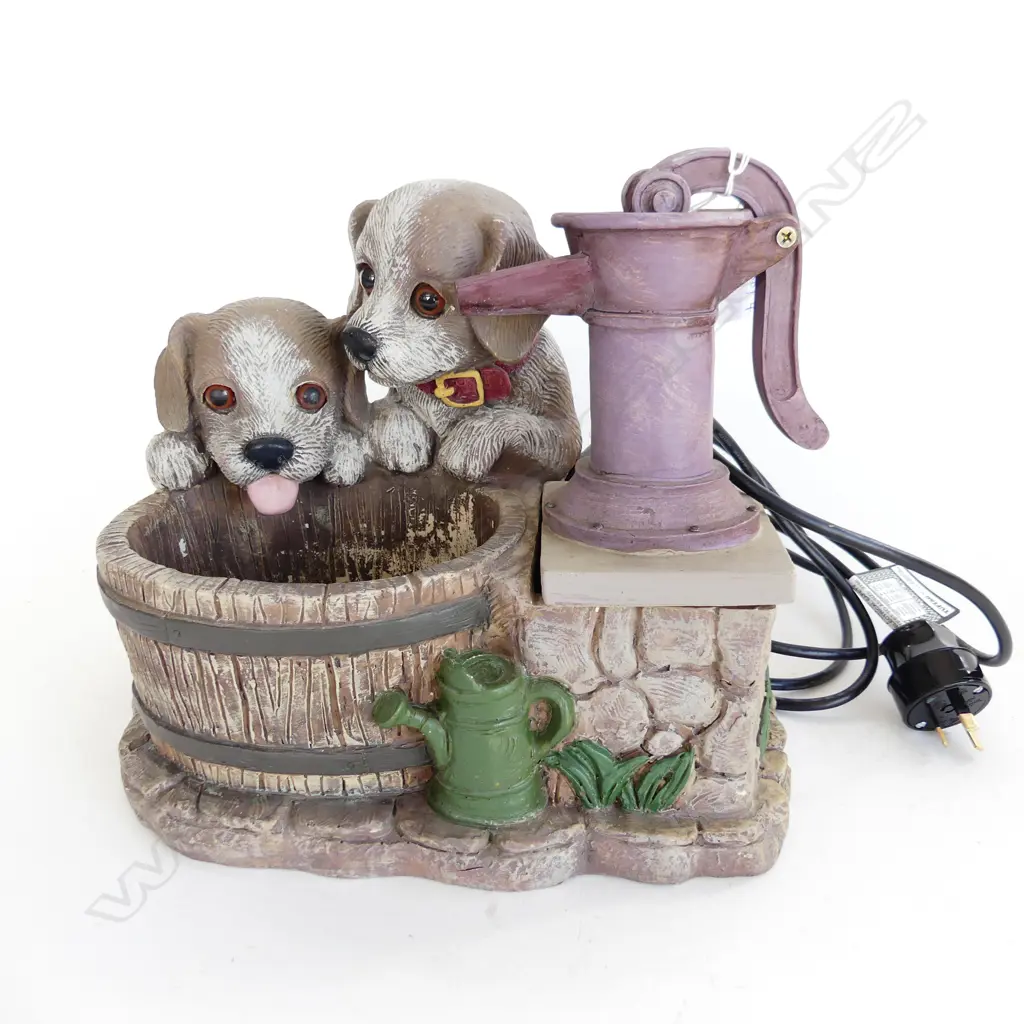 PAINTED RESIN PUPPIES WATER FOUNTAIN W.300mm Image 1++