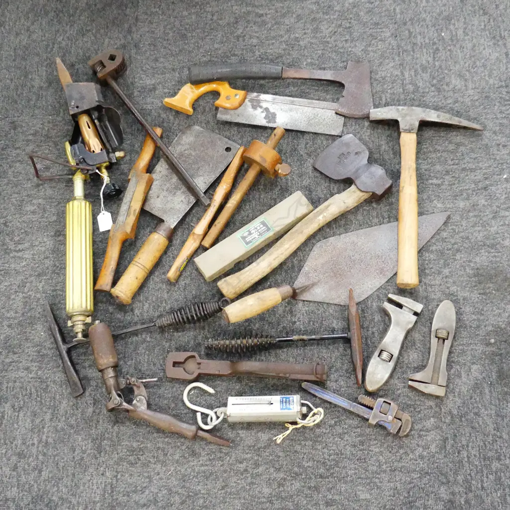 ASST. VINTAGE TOOLS; SPOKESHAVES, CLEAVER, ETC Image 1++