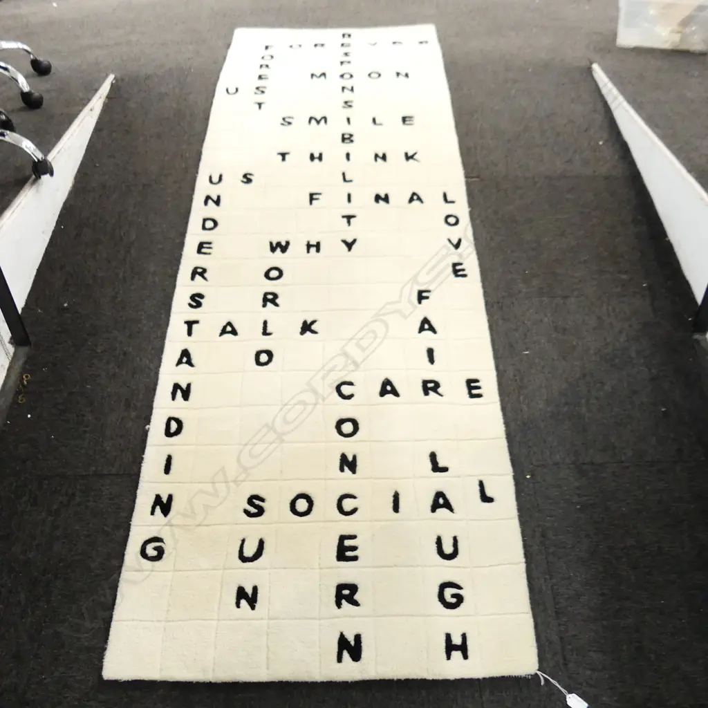 WHITE TUFTED CROSSWORD RUG 2450x820mm Image 1++