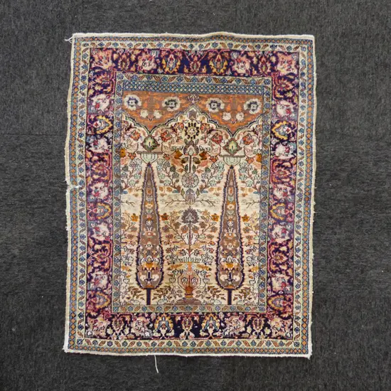 HAND KNOTTED SILK PRAYER RUG 800x1200 (SMALL DAMAGE)